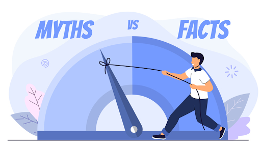 vector image that shows a scale that has a heading which says 'MYTHS VS FACTS' a man pulling the scale towards 'Facts' from 'Myths'