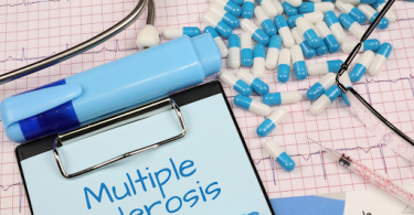 image reads 'Multiple Sclerosis' on clipboard around blue and white pills