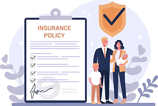 image reads 'insurance policy' on a clipboard with a family standing next to the clipboard